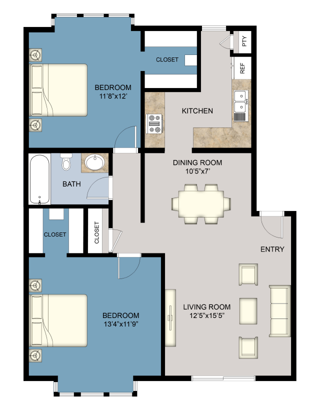 Floor plan for 2 beds, 1 bath, 1000 sqft